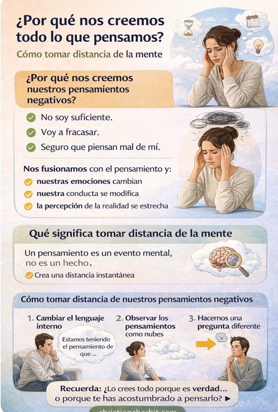 ¿Te crees todo lo que piensas? Aprende cómo tomar distancia de la mente, reducir la rumiación mental y gestionar mejor los pensamientos negativos.